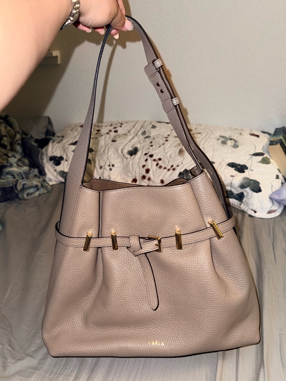 Furla Aura medium bucket bag in a stucco gray shade, like new condition